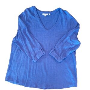 Chicos Linen Top Size XXL Womens 4‎ Blue Boxy Vneck 3 Quarter Sleeve Mature